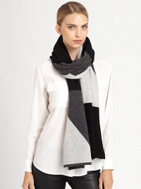 A seasonal essential in luxe cashmere takes on a trend-forward colorblock effect. Cashmere23 X 80Dry cleanImported A seasonal essential in luxe cashmere takes on a trend-forward colorblock effect. Cashmere23 X 80Dry cleanImported