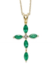 A bold, and colorful!, way to express your faith. This unique cross pendant features marquise-cut emeralds (3/4 ct. t.w.) with diamond accents at the center. Set in 14k gold. Approximate length: 18 inches. Approximate drop: 3/4 inch. A bold, and colorful!, way to express your faith. This unique cross pendant features marquise-cut emeralds (3/4 ct. t.w.) with diamond accents at the center. Set in 14k gold. Approximate length: 18 inches. Approximate drop: 3/4 inch.