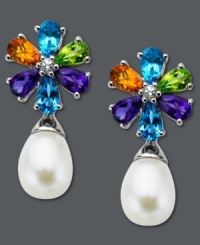 Add a splash of color to your look. These polished sterling silver earrings are bursting with colorful pear-cut blue topaz (1 ct. t.w.), citrine (3/8 ct. t.w.), amethyst (7/8 ct. t.w.), peridot (3/8 ct. t.w.), white topaz accents and cultured freshwater pearl drops (7 mm x 9 mm). Approximate drop: 1 inch.