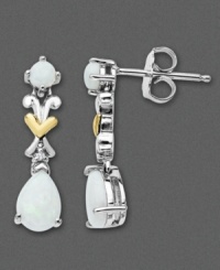 Two tone links and gemstones create a fleur de lis fashion. 14k gold and sterling silver links criss cross in these drop earrings featuring lustrous pear and round-cut opals (9/10 ct. t.w.) with diamond accents. Approximate drop: 1-1/2 inches. Two tone links and gemstones create a fleur de lis fashion. 14k gold and sterling silver links criss cross in these drop earrings featuring lustrous pear and round-cut opals (9/10 ct. t.w.) with diamond accents. Approximate drop: 1-1/2 inches.