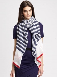 A high-contrast, multi-stripe design in a gauzy cotton blend with a convenient neck opening. 85% cotton/15% acrylicAbout 75 X 24 with a 24 neck openingDry cleanImported A high-contrast, multi-stripe design in a gauzy cotton blend with a convenient neck opening. 85% cotton/15% acrylicAbout 75 X 24 with a 24 neck openingDry cleanImported
