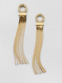 A dramatic silhouette with Swarovski crystal accents and cascading fringe. Swarovski crystals24k goldplated brassLength, about 4Post backMade in Italy A dramatic silhouette with Swarovski crystal accents and cascading fringe. Swarovski crystals24k goldplated brassLength, about 4Post backMade in Italy