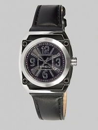 From the Gear Collection. Sleek and sparkly come together in a modern watch with a dramatic black dial, Swarovski crystal accents and a rich leather strap. From the Gear Collection. Sleek and sparkly come together in a modern watch with a dramatic black dial, Swarovski crystal accents and a rich leather strap.