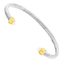 Silver Cable Pearl Cuff Bracelet with Gold Bezel Accents Women's Thin Fashion Bangle Silver Cable Pearl Cuff Bracelet with Gold Bezel Accents Women's Thin Fashion Bangle