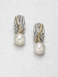 From the Pearl Collection. Dazzling diamonds and radiant 18k gold add interest to this sterling silver crossover design with a luminous pearl drop. 9.5mm-10mm round white freshwater pearlDiamonds, .18 tcw18k goldSterling silverDrop, about 1.1Post backImported From the Pearl Collection. Dazzling diamonds and radiant 18k gold add interest to this sterling silver crossover design with a luminous pearl drop. 9.5mm-10mm round white freshwater pearlDiamonds, .18 tcw18k goldSterling silverDrop, about 1.1Post backImported