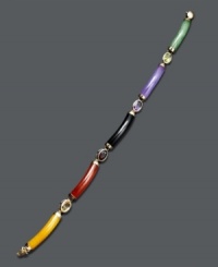 Add a splash of color in a myriad of hues! This brilliant link bracelet features multicolored, rectangular jade links combined with oval-cut garnet (5/8 ct. t.w.), amethyst (7/8 ct. t.w.), peridot (7/8 ct. t.w.) and citrine (7/8 ct. t.w.). Crafted in 14k gold. Approximate length: 7-1/2 inches. Add a splash of color in a myriad of hues! This brilliant link bracelet features multicolored, rectangular jade links combined with oval-cut garnet (5/8 ct. t.w.), amethyst (7/8 ct. t.w.), peridot (7/8 ct. t.w.) and citrine (7/8 ct. t.w.). Crafted in 14k gold. Approximate length: 7-1/2 inches.