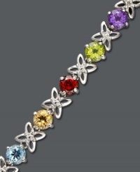 Add a playful touch to any look. This colorful bracelet features flower-shaped links and highlights round-cut blue topaz (1-3/4 ct. t.w.), amethyst (1-1/8 ct. t.w.), citrine (1-9/10 ct. t.w.), peridot (1-1/2 ct. t.w.), garnet (1-3/4 ct. t.w.) and diamond accents. Crafted in sterling silver. Approximate length: 7 inches. Add a playful touch to any look. This colorful bracelet features flower-shaped links and highlights round-cut blue topaz (1-3/4 ct. t.w.), amethyst (1-1/8 ct. t.w.), citrine (1-9/10 ct. t.w.), peridot (1-1/2 ct. t.w.), garnet (1-3/4 ct. t.w.) and diamond accents. Crafted in sterling silver. Approximate length: 7 inches.