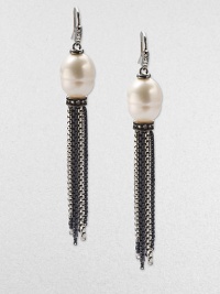 From the Midnight Pearl Collection. Lustrous South Sea pearls accompanied by dazzling diamonds with a sterling silver and blackened sterling silver, box chain tassel design. 11mm-12mm baroque South Sea pearlsDiamonds, .36 tcwSterling silver and blackened sterling silverLength, about 3Hook backImported From the Midnight Pearl Collection. Lustrous South Sea pearls accompanied by dazzling diamonds with a sterling silver and blackened sterling silver, box chain tassel design. 11mm-12mm baroque South Sea pearlsDiamonds, .36 tcwSterling silver and blackened sterling silverLength, about 3Hook backImported