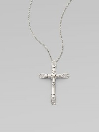 This beautiful sterling silver cross-lashed bamboo cross pendant is adorned with white sapphires. White sapphires Sterling silver Length, about 36 Pendant size, about ¾L X ½ W Lobster clasp Imported This beautiful sterling silver cross-lashed bamboo cross pendant is adorned with white sapphires. White sapphires Sterling silver Length, about 36 Pendant size, about ¾L X ½ W Lobster clasp Imported