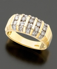 This bold and contemporary ring design combines five spectacular rows of round diamonds (1 ct. t.w.) on a hefty band of polished 14k yellow gold. This bold and contemporary ring design combines five spectacular rows of round diamonds (1 ct. t.w.) on a hefty band of polished 14k yellow gold.