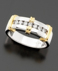 Seven round-cut diamonds (1/3 ct. t.w.) are channel-set between substantial bands of polished 14k white gold, accented with 14k yellow gold. Seven round-cut diamonds (1/3 ct. t.w.) are channel-set between substantial bands of polished 14k white gold, accented with 14k yellow gold.