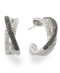 Crisscrossed and totally chic! These unique hoop earrings are highlighted by round-cut white diamonds (1/4 ct. t.w.) and black diamonds (1/4 ct. t.w.). Set in sterling silver. Approximate diameter: 3/4 inch. Crisscrossed and totally chic! These unique hoop earrings are highlighted by round-cut white diamonds (1/4 ct. t.w.) and black diamonds (1/4 ct. t.w.). Set in sterling silver. Approximate diameter: 3/4 inch.