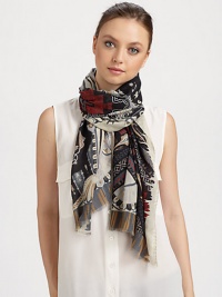 A glorious silk and wool scarf with a detailed print and eyelash fringe trim.50% wool/50% silkAbout 27 X 66Dry cleanMade in Italy A glorious silk and wool scarf with a detailed print and eyelash fringe trim.50% wool/50% silkAbout 27 X 66Dry cleanMade in Italy
