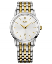 Graced with stunning 18k gold accents, this ultra-slim Hugo Boss timepiece upgrades your everyday suit. Graced with stunning 18k gold accents, this ultra-slim Hugo Boss timepiece upgrades your everyday suit.