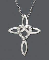 A unique spin on the traditional cross necklace. This pendant features a round-cut diamond (1/10 ct. t.w.) encrusted heart woven into a cross. Set in sterling silver. Approximate length: 18 inches. Approximate drop: 1 inch. A unique spin on the traditional cross necklace. This pendant features a round-cut diamond (1/10 ct. t.w.) encrusted heart woven into a cross. Set in sterling silver. Approximate length: 18 inches. Approximate drop: 1 inch.