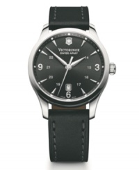 Keep things simple with the clean styling of this Alliance watch by Victorinox Swiss Army. Black leather strap and round stainless steel case with anti-reflective triple-coated sapphire crystal. Black sunray dial features applied silver tone numerals at three, six and nine o'clock, stick indices, military time, date window at three o'clock, three hands and logo. Swiss quartz movement. Water resistant to 100 meters. Three-year limited warranty. Keep things simple with the clean styling of this Alliance watch by Victorinox Swiss Army. Black leather strap and round stainless steel case with anti-reflective triple-coated sapphire crystal. Black sunray dial features applied silver tone numerals at three, six and nine o'clock, stick indices, military time, date window at three o'clock, three hands and logo. Swiss quartz movement. Water resistant to 100 meters. Three-year limited warranty.