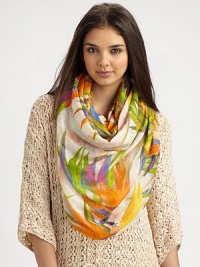 This unique print boasts a fun, tropical look. 90% modal/10% cashmereAbout 28 X 80Dry cleanImported This unique print boasts a fun, tropical look. 90% modal/10% cashmereAbout 28 X 80Dry cleanImported