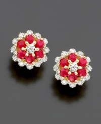 Adorn your ears with elegant color: round-cut rubies (3/8 ct. t.w.) and round-cut diamonds set in 14k gold. Adorn your ears with elegant color: round-cut rubies (3/8 ct. t.w.) and round-cut diamonds set in 14k gold.