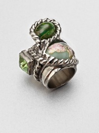 Held in an intriguing freeform setting decorated with a cable design, three different stones of beautiful glass are suspended above your finger.GlassSilvertoneWidth, about 1.1Made in Italy and imported Held in an intriguing freeform setting decorated with a cable design, three different stones of beautiful glass are suspended above your finger.GlassSilvertoneWidth, about 1.1Made in Italy and imported