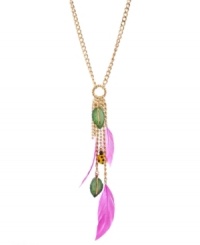 Stand out from the flock. Betsey Johnson puts hot pink feathers and bold colors to good use in this standout style. Y-shaped pendant features leaf and ladybug charms set in gold-plated mixed metal. Approximate length: 24 inches + 3-inch extender. Approximate drop: 6-1/4 inches. Stand out from the flock. Betsey Johnson puts hot pink feathers and bold colors to good use in this standout style. Y-shaped pendant features leaf and ladybug charms set in gold-plated mixed metal. Approximate length: 24 inches + 3-inch extender. Approximate drop: 6-1/4 inches.