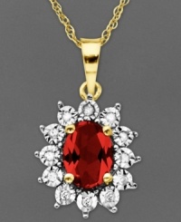 Regal and resplendent. An oval-cut ruby (1-1/8 ct. t.w.) and round-cut diamond accents adorn this royalty-inspired pendant. Crafted in 10k gold. Approximate length: 18 inches. Approximate drop: 5/8 inch. Regal and resplendent. An oval-cut ruby (1-1/8 ct. t.w.) and round-cut diamond accents adorn this royalty-inspired pendant. Crafted in 10k gold. Approximate length: 18 inches. Approximate drop: 5/8 inch.