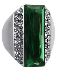 Capture the mood with this emerald-hued ring from GUESS. A baguette-cut glass crystal is surrounded by clear pave accents for alluring style. Crafted in hematite tone mixed metal. Size 7. Capture the mood with this emerald-hued ring from GUESS. A baguette-cut glass crystal is surrounded by clear pave accents for alluring style. Crafted in hematite tone mixed metal. Size 7.