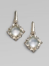 A ruffle of sterling silver frames a faceted mother-of-pearl cushion with a clear quartz overlay. Mother-of-pearl Clear quartz Sterling silver Drop, about 1¼ Post and hinge back Imported A ruffle of sterling silver frames a faceted mother-of-pearl cushion with a clear quartz overlay. Mother-of-pearl Clear quartz Sterling silver Drop, about 1¼ Post and hinge back Imported