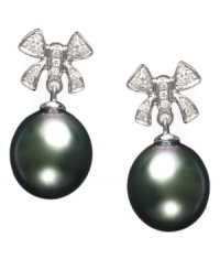 The perfect gift - EFFY Collection's exquisite earrings even have a ribbon on top. Crafted in 14k white gold, earrings showcase cultured Tahitian pearls (10-11 mm) and sparkling round-cut diamonds (1/8 ct. t.w.). Approximate drop: 9/10 inch. The perfect gift - EFFY Collection's exquisite earrings even have a ribbon on top. Crafted in 14k white gold, earrings showcase cultured Tahitian pearls (10-11 mm) and sparkling round-cut diamonds (1/8 ct. t.w.). Approximate drop: 9/10 inch.