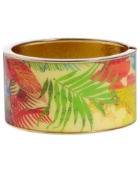 Infuse your look with the bold colors and exotic prints of Brasil. Crafted in gold tone mixed metal Haskell's Palm bangle features yellow, green and red palm leaf details and a hinge clasp. Approximate diameter: 2-1/2 inches. Approximate length: 8 inches. Item comes packaged in a pink gift box. Infuse your look with the bold colors and exotic prints of Brasil. Crafted in gold tone mixed metal Haskell's Palm bangle features yellow, green and red palm leaf details and a hinge clasp. Approximate diameter: 2-1/2 inches. Approximate length: 8 inches. Item comes packaged in a pink gift box.