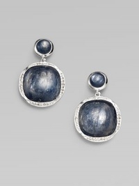 From the Scultura Collection. Two beautiful, linked Kyanite cabochons set in sterling silver embellished with a pavé diamond bezel. KyaniteDiamonds, .33 tcwSterling silverLength, about 1¼Post backImported From the Scultura Collection. Two beautiful, linked Kyanite cabochons set in sterling silver embellished with a pavé diamond bezel. KyaniteDiamonds, .33 tcwSterling silverLength, about 1¼Post backImported
