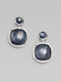 From the Scultura Collection. Two beautiful, linked Kyanite cabochons set in sterling silver embellished with a pavé diamond bezel. KyaniteDiamonds, .33 tcwSterling silverLength, about 1¼Post backImported 