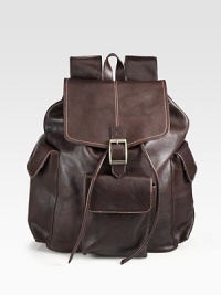 An instant upgrade to any casual ensemble, this stylish backpack crafted from full grain, enzyme-washed vachetta leather, is designed with a roomy interior and ample exterior pockets to securely store your essentials in style.Flap, drawstring closureTop handleExterior flap pocketsInterior zip pocketCotton twill/leather liningLeather17W x 12H x 6DImported