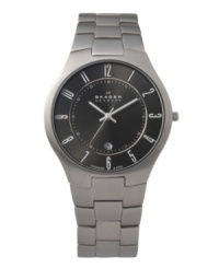 Simply classic and stylishly strong, by Skagen Denmark. Watch crafted of titanium bracelet and round case. Brushed black dial features silver tone numerals, minute track, date window at six o'clock, three hands and logo. Quartz movement. Water resistant to 30 meters. Limited lifetime warranty. Simply classic and stylishly strong, by Skagen Denmark. Watch crafted of titanium bracelet and round case. Brushed black dial features silver tone numerals, minute track, date window at six o'clock, three hands and logo. Quartz movement. Water resistant to 30 meters. Limited lifetime warranty.