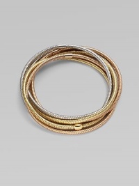 A versatile style with a stack of snake chain bracelets in three gorgeous tones of gold. 18k gold, white gold and rose goldLength, about 7Slip-on styleMade in Italy A versatile style with a stack of snake chain bracelets in three gorgeous tones of gold. 18k gold, white gold and rose goldLength, about 7Slip-on styleMade in Italy