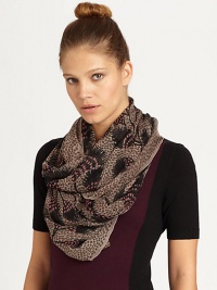 An exotic feather print gives this silk scarf an unquestionably charming look.SilkAbout 55 X 55Dry cleanImported An exotic feather print gives this silk scarf an unquestionably charming look.SilkAbout 55 X 55Dry cleanImported