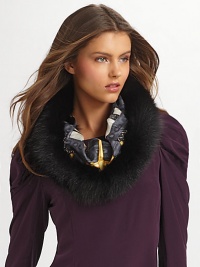 This silky printed style features five rings of dyed luxurious fox fur. Silk Dry clean Made in Italy Fur origin: Finland This silky printed style features five rings of dyed luxurious fox fur. Silk Dry clean Made in Italy Fur origin: Finland