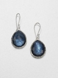 From the Wonderland Collection. Stunning, faceted indigo doublet set in hammered sterling silver in a teardrop design. Indigo doubletSterling silverDrop, about 1.25Hook backImported 