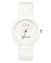Funky and modern, this Goa watch showcases your love for Lacoste. White silicone strap with light gray repeating text logo and round white plastic case. White dial features light gray repeating text logo, hour and minute hand, red second hand and iconic crocodile logo at twelve o'clock. Quartz movement. Water resistant to 30 meters. Two-year limited warranty. Funky and modern, this Goa watch showcases your love for Lacoste. White silicone strap with light gray repeating text logo and round white plastic case. White dial features light gray repeating text logo, hour and minute hand, red second hand and iconic crocodile logo at twelve o'clock. Quartz movement. Water resistant to 30 meters. Two-year limited warranty.