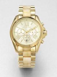 A technical, goldtone stainless steel timepiece accented with horn-print details. Quartz movementWater resistant to 5 ATMRound goldtone stainless steel case, 43mm (1.7) Smooth bezelLight champagne chronograph dialRoman numeral and bar hour markersDate display at 6 o'clockSecond hand Horn-print and goldtone stainless steel link braceletImported A technical, goldtone stainless steel timepiece accented with horn-print details. Quartz movementWater resistant to 5 ATMRound goldtone stainless steel case, 43mm (1.7) Smooth bezelLight champagne chronograph dialRoman numeral and bar hour markersDate display at 6 o'clockSecond hand Horn-print and goldtone stainless steel link braceletImported