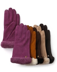 A cashmere lining, shearling cuff and suede outer lend sumptuous warmth to UGG® Australia's touch-screen compatible gloves. A cashmere lining, shearling cuff and suede outer lend sumptuous warmth to UGG® Australia's touch-screen compatible gloves.