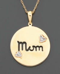 Because she's so very special! This charming pendant features Mom in scripted and finished with two round-cut diamond accents for a beautiful touch. Set in 14k yellow gold. Drop measures 3/5 inches. Chain measures 16 inches. Because she's so very special! This charming pendant features Mom in scripted and finished with two round-cut diamond accents for a beautiful touch. Set in 14k yellow gold. Drop measures 3/5 inches. Chain measures 16 inches.