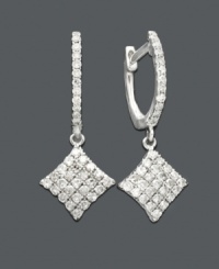 Dazzling diamonds in a checkerboard pattern. These luxurious hoop earrings feature round-cut diamonds (3/8 ct. t.w.) in a 14k white gold setting. Approximate drop: 3/4 inch. Dazzling diamonds in a checkerboard pattern. These luxurious hoop earrings feature round-cut diamonds (3/8 ct. t.w.) in a 14k white gold setting. Approximate drop: 3/4 inch.