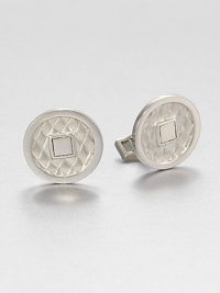 From the Naga Collection. Evoking the look of an ancient coin with its squared hole, a diamond-textured disc of sterling silver forms the centerpiece of an elegant cuff link in a smooth silver setting.Sterling silverSwivel backMade in Bali From the Naga Collection. Evoking the look of an ancient coin with its squared hole, a diamond-textured disc of sterling silver forms the centerpiece of an elegant cuff link in a smooth silver setting.Sterling silverSwivel backMade in Bali