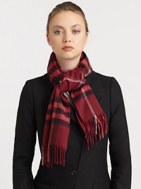 Ultra soft cashmere in an iconic check pattern with fringed ends. CashmereAbout 12 X 66Dry cleanMade in UK Ultra soft cashmere in an iconic check pattern with fringed ends. CashmereAbout 12 X 66Dry cleanMade in UK