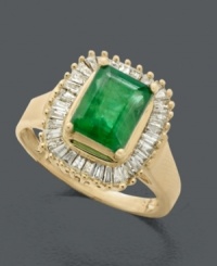 An elegant cocktail ring as colorful as candy. This 14k gold ring by Effy Collection features a brilliant emerald (1-3/8 ct. t.w.) with diamond baguettes (1/2 ct. t.w.). An elegant cocktail ring as colorful as candy. This 14k gold ring by Effy Collection features a brilliant emerald (1-3/8 ct. t.w.) with diamond baguettes (1/2 ct. t.w.).