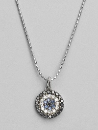 Rings of mysterious black diamonds, sparkling white diamonds and cool blue sapphires make a glamorous pendant set in 14k white gold. Diamonds, 0.26 tcw Sapphires 14k white gold Chain length, about 16 Medallion diameter, about ½ Lobster clasp Imported Rings of mysterious black diamonds, sparkling white diamonds and cool blue sapphires make a glamorous pendant set in 14k white gold. Diamonds, 0.26 tcw Sapphires 14k white gold Chain length, about 16 Medallion diameter, about ½ Lobster clasp Imported