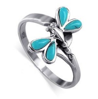 Sterling Silver Teardrop Shaped Reconstituted Turquoise Polished Finish 2mm Band Dragonfly Ring Size 4, 5, 6, 7, 8