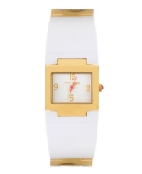 Sunny gold and cool white are a smash hit on this bangle watch by Betsey Johnson. White optical resin and gold tone stainless steel bangle bracelet and rectangular gold tone stainless steel case. White dial features gold tone numerals at twelve, three, six and nine o'clock, gold tone hour and minute hands, signature fuchsia second hand and logo. Quartz movement. Water resistant to 30 meters. Two-year limited warranty. Sunny gold and cool white are a smash hit on this bangle watch by Betsey Johnson. White optical resin and gold tone stainless steel bangle bracelet and rectangular gold tone stainless steel case. White dial features gold tone numerals at twelve, three, six and nine o'clock, gold tone hour and minute hands, signature fuchsia second hand and logo. Quartz movement. Water resistant to 30 meters. Two-year limited warranty.