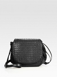 Supple, signature woven leather bag has a rounded front flap and rich suede lining. Adjustable crossbody strap, 23-27 drop Magnetic closure Inside zipper pocket, one open pocket Suede lining 10W X 10H X 3½D Made in Italy Supple, signature woven leather bag has a rounded front flap and rich suede lining. Adjustable crossbody strap, 23-27 drop Magnetic closure Inside zipper pocket, one open pocket Suede lining 10W X 10H X 3½D Made in Italy