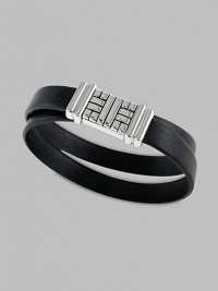 A double-wrapped strap of premium leather is interrupted by a basketwoven silver clasp. From the Bedeg Collection Leather Silver About 7 diam. Magnetic pusher clasp Imported A double-wrapped strap of premium leather is interrupted by a basketwoven silver clasp. From the Bedeg Collection Leather Silver About 7 diam. Magnetic pusher clasp Imported